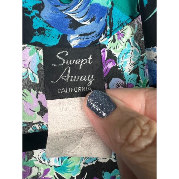 90s chiffon floral patchwork polka dot romper set long sleeve XL Black Blue - Picture 4 of 8